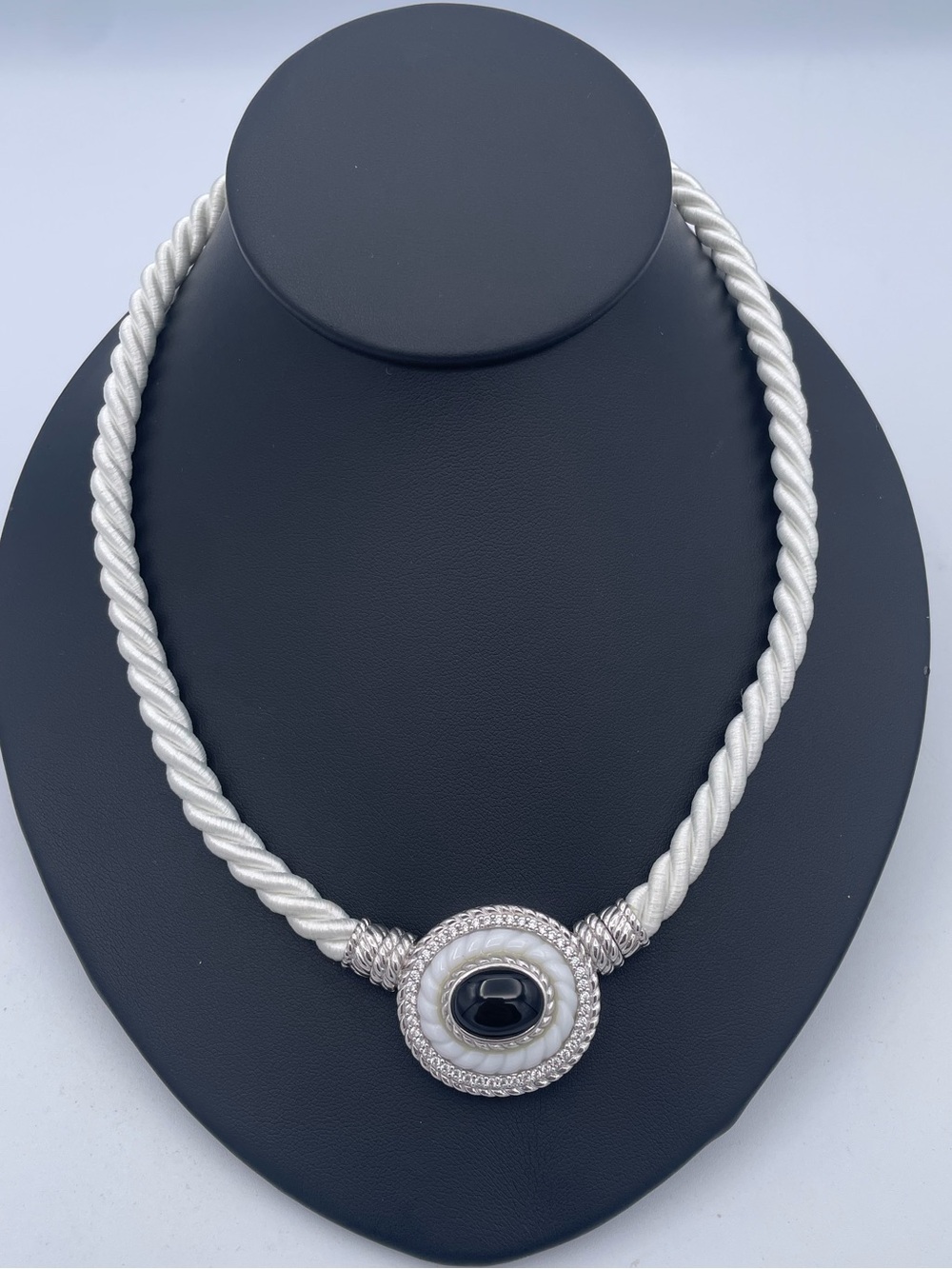 Judith Ripka Sterling Silver 925 Black Onyx White Agate CZ Silk Cord Necklace